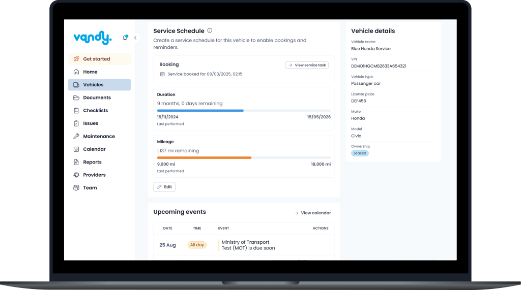 Fleet maintenance software that provides a service schedule for a vehicle.