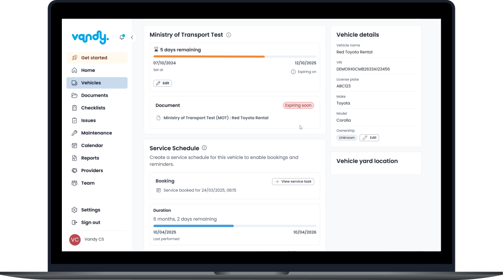 Fleet management software displaying MOT due date to help avoid missed MOT and penalties.